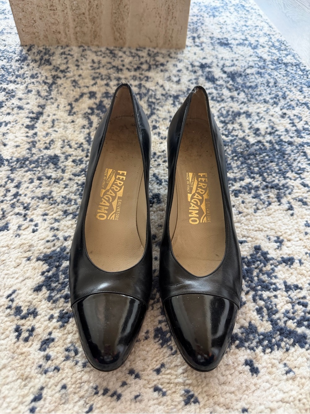 Salvatore Ferragamo Black Leather Cap-Toe Pumps